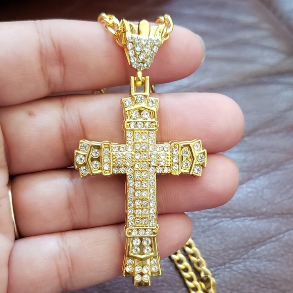 Gold Cubic Zirconia Cross Pendant Necklace - Picture 1 of 6